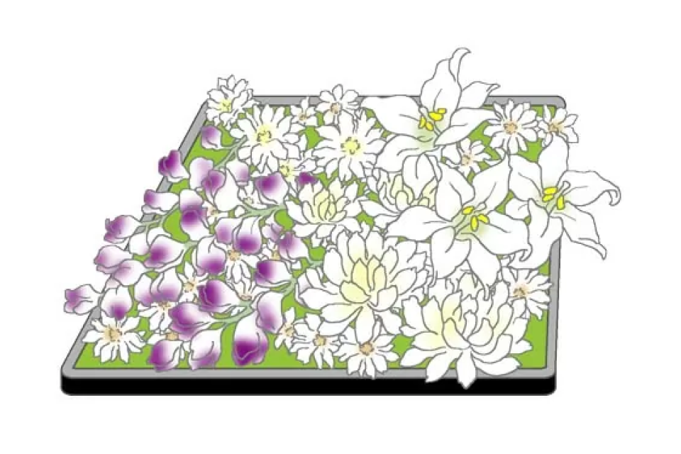 白と薄紫の菊やユリを盆飾り風に並べたお別れ花束のイラスト、宇都宮市 葬儀向けの祭壇オプションとして市民葬祭アステルが提案するイメージ